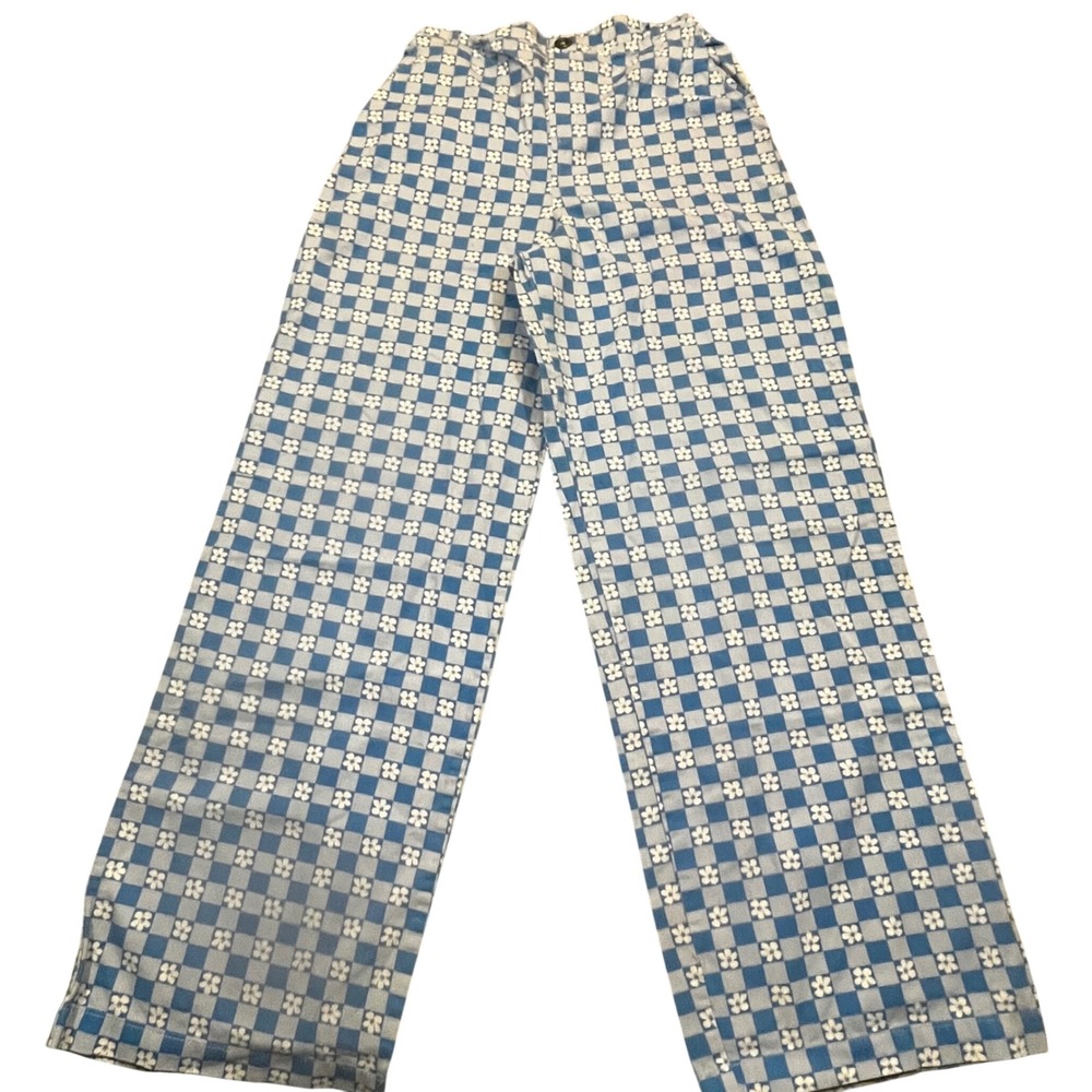 Wild Fable Blue White Checkered Floral High Waisted Straight Leg Pants XS